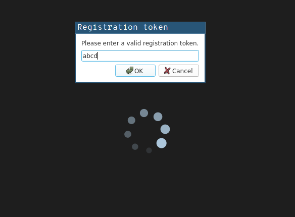 Screenshot of the input dialog asking for a registration token.